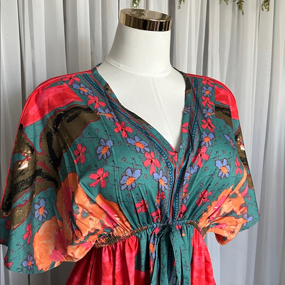 Boho Kimono Style Sleeves Floral Multicolor Long Dress - Picture 5 of 9